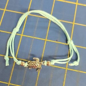 Turquoise Blue Suede Bracelet Silver Tone Turtle Charm Up to 10"